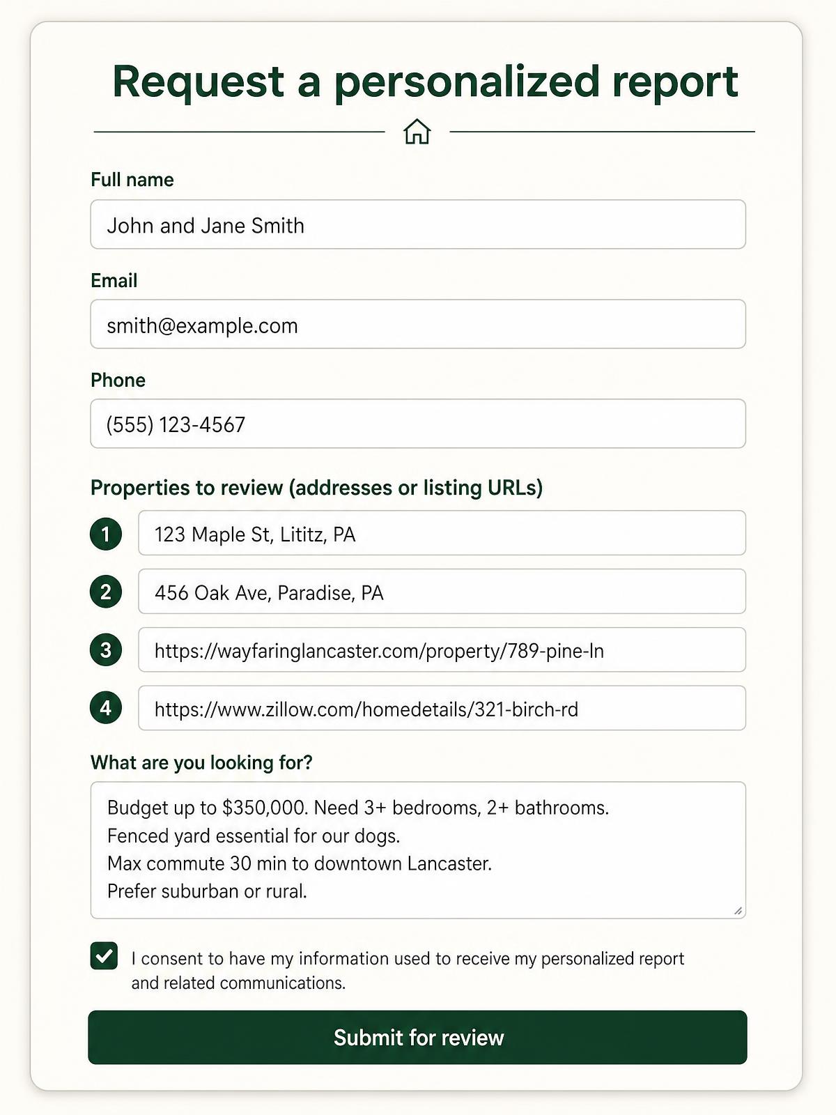 Example of a completed report request form showing name, email, property addresses, and criteria